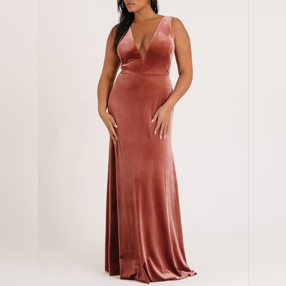 Jenny Yoo Logan Women's Sleeveless Deep-V Velvet Column Gown, Cinnamon Rose, 22 - Picture 1 of 11